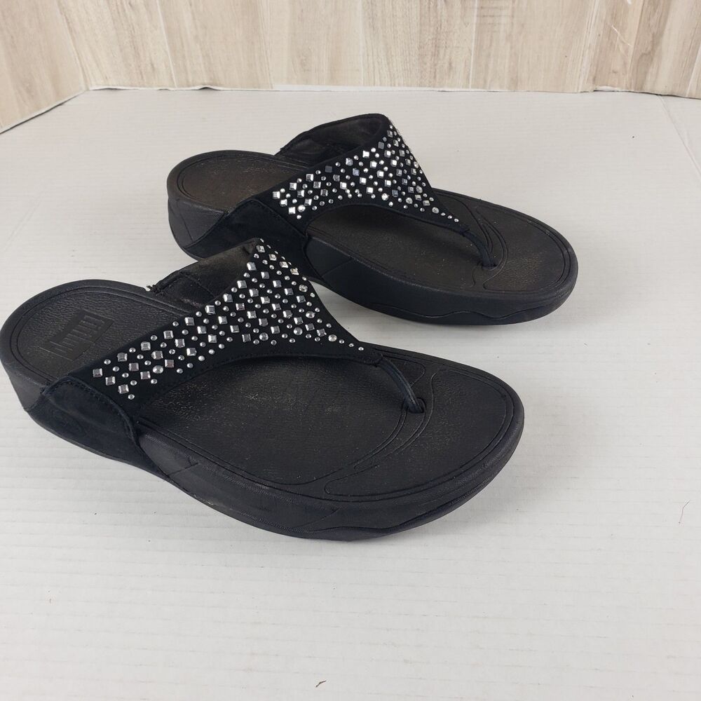 FitFlop Novy Sandals Womens 8 Black Crystal Embellished Suede Platform Flip Flop